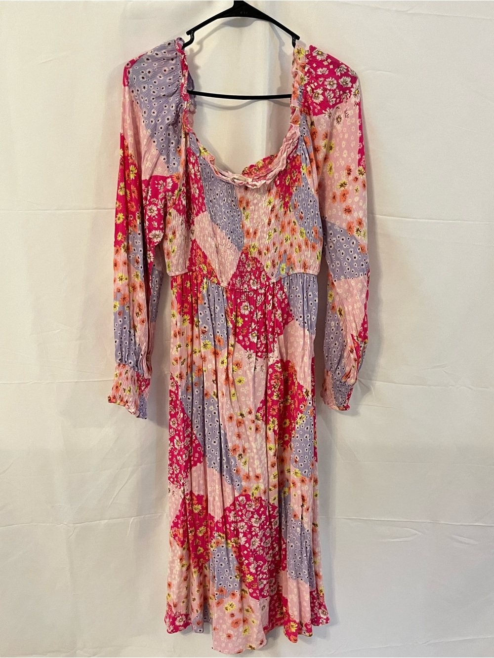 Patchwork Floral Smocked Midi Dress in Pink